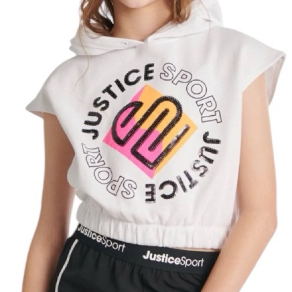 Justice Sport Girls White Short Sleeve Pullover Graphic Hoodie - NWOT